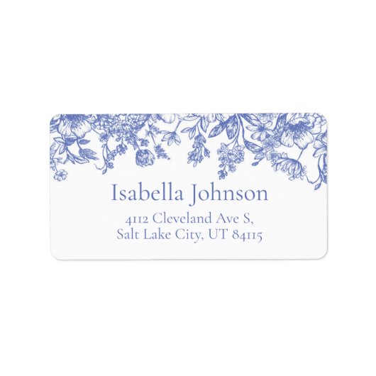 Elegante Vintage Blauwe Bloem Botanische Adreskaar Etiket (Voorkant)