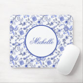 Elegante Vintage Blauwe Bloem Motief Witte Naam Muismat (Met muis)