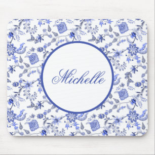 Elegante Vintage Blauwe Bloem Motief Witte Naam Muismat