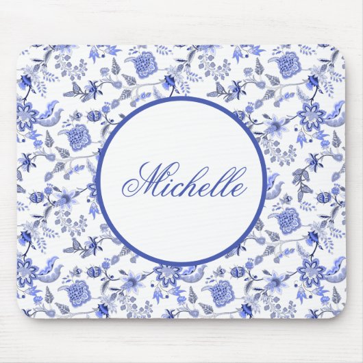 Elegante Vintage Blauwe Bloem Motief Witte Naam Muismat (Voorkant)
