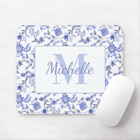 Elegante Vintage Blauwe Bloem Witte Monogram Naam Muismat (Met muis)
