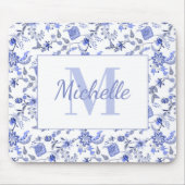 Elegante Vintage Blauwe Bloem Witte Monogram Naam Muismat (Voorkant)