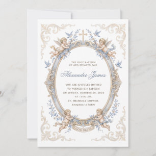Elegante Vintage Blauwe Cherubijn Engel Doopfeest Kaart