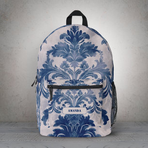 Elegante vintage blauwe damast toile monogram ontw bedrukte rugzak