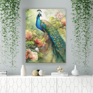 Elegante vintage blauwe groene pauw roze bloemen  canvas afdruk