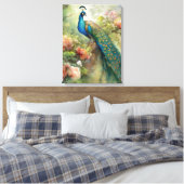 Elegante vintage blauwe groene pauw roze bloemen canvas afdruk (Insitu (Slaapkamer))