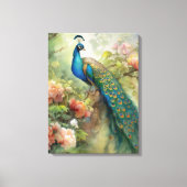 Elegante vintage blauwe groene pauw roze bloemen canvas afdruk (Voorkant)