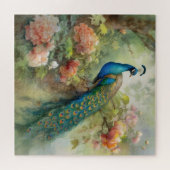 Elegante vintage blauwe groene pauw roze bloemen legpuzzel (Horizontaal)
