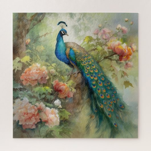 Elegante vintage blauwe groene pauw roze bloemen legpuzzel (Verticaal)
