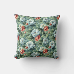 Elegante Vintage Blauwe & Koraalrode Bloemenprint Kussen