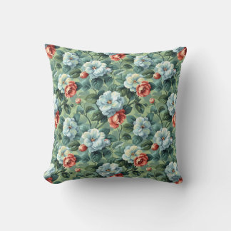 Elegante Vintage Blauwe & Koraalrode Bloemenprint Kussen