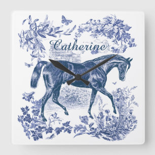 Elegante Vintage Blauwe Paarden Country Toile Naam Vierkante Klok