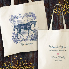 Elegante vintage blauwe paarden land toile de jouy tote bag