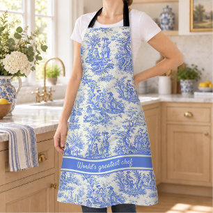 Elegante vintage blauwe toile de jouy bedrukt schort