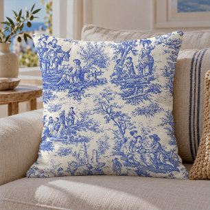 Elegante vintage blauwe toile de jouy kussen