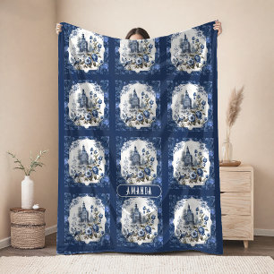Elegante vintage blauwe toile de jouy monogram fleece deken
