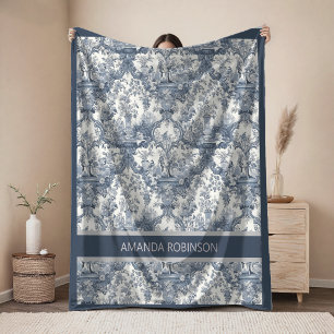 Elegante vintage blauwe toile de jouy monogram fleece deken