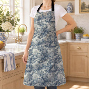 Elegante vintage blauwe toile de jouy monogram schort