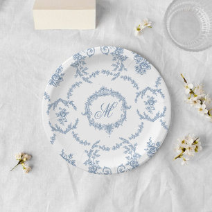 Elegante Vintage Blauwe Toile Monogram Bruiloft Papieren Bordje
