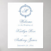 Elegante Vintage Blauwe Toile Monogram Bruiloft Poster (Voorkant)