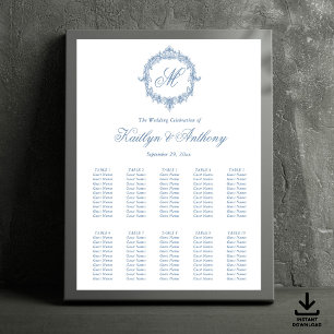 Elegante Vintage Blauwe Toile Monogram Bruiloft Poster