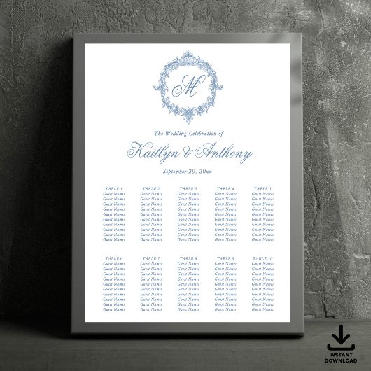 Elegante Vintage Blauwe Toile Monogram Bruiloft Poster