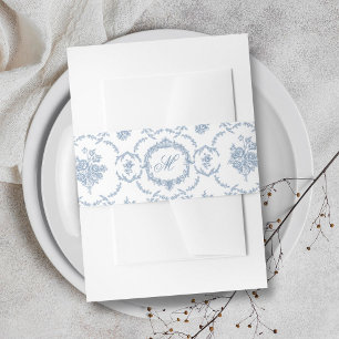 Elegante Vintage Blauwe Toile Monogram Bruiloft Uitnodigingen Wikkel