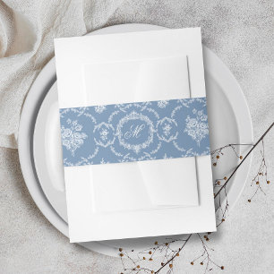 Elegante Vintage Blauwe Toile Monogram Bruiloft Uitnodigingen Wikkel