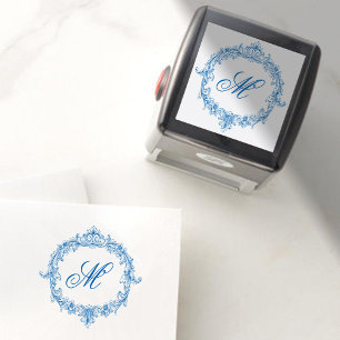 Elegante Vintage Blauwe Toile Monogram Bruiloft Zelfinktende Stempel