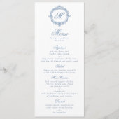 Elegante Vintage Blauwe Toile Monogram Bruiloftsme Menu (Voorkant)