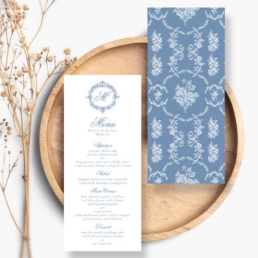 Elegante Vintage Blauwe Toile Monogram Bruiloftsme Menu