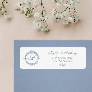 Elegante Vintage Blauwe Toile Monogram Huwelijk Etiket