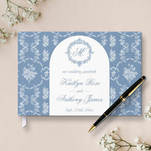 Elegante Vintage Blauwe Toile Monogram Huwelijk Gastenboek