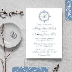 Elegante Vintage Blauwe Toile Monogram Huwelijk Kaart