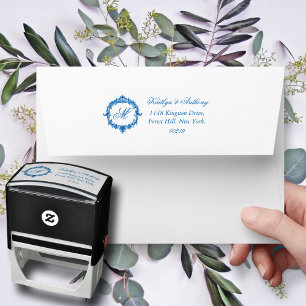 Elegante Vintage Blauwe Toile Monogram Huwelijk Zelfinktende Stempel