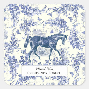 Elegante Vintage Blauwe Witte Paard Bloem Motief T Vierkante Sticker