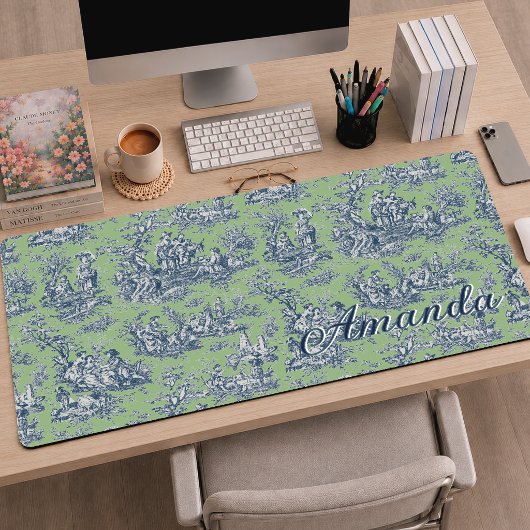 Elegante Vintage Blauwgroene Monogram Toile Bureaumat