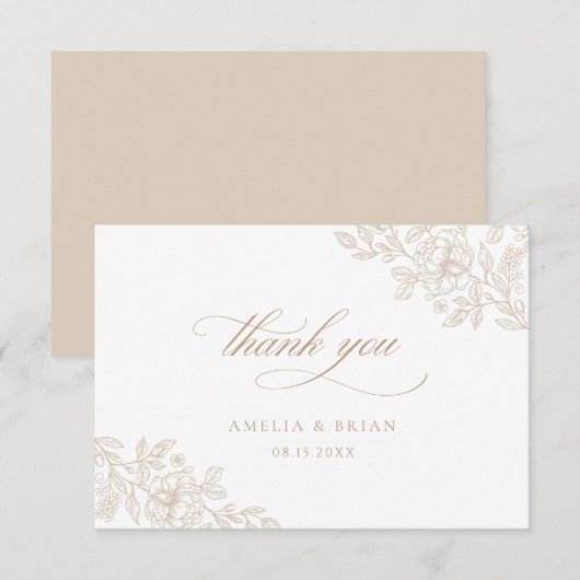 Elegante Vintage Bloem Beige Gouden Bruiloft Bedankkaart (Voorkant / Achterkant)