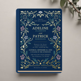 Elegante Vintage Bloem Bibliotheek Boek Bruiloft Folie Uitnodiging