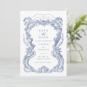 Elegante Vintage Bloem Blauwe Toile Save the Date Kaart (Staand voorkant)
