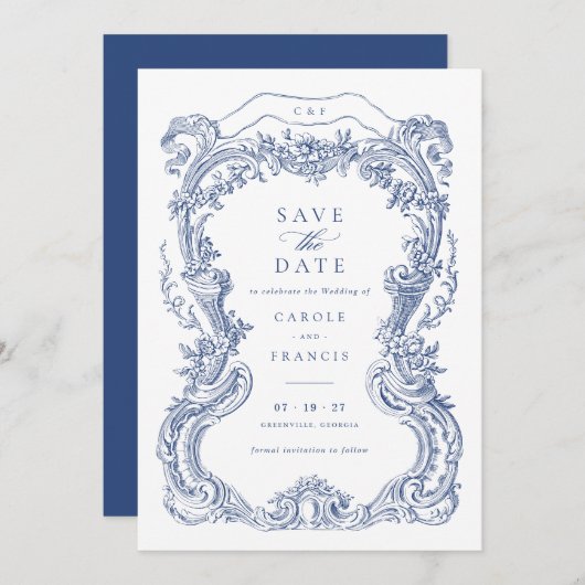 Elegante Vintage Bloem Blauwe Toile Save the Date Kaart (Voorkant / Achterkant)