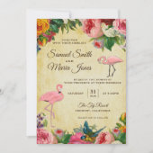 Elegante Vintage Bloem Flamingo Trouw Uitnodiging (Voorkant)
