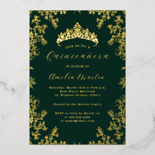 Elegante Vintage Bloem Goud Smaragd Quinceanera Folie Uitnodiging