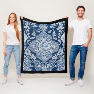 Elegante Vintage Bloem Kanten Blauw en Wit Fleece Deken