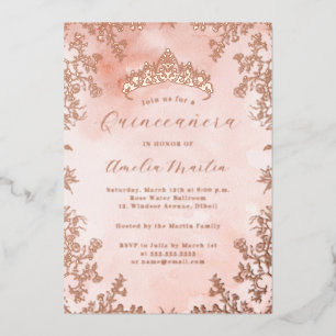 Elegante Vintage Bloem Roze Goud Quinceanera  Folie Uitnodiging