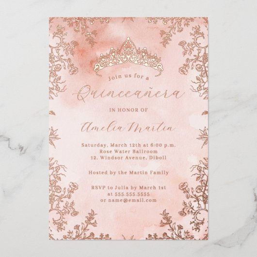 Elegante Vintage Bloem Roze Goud Quinceanera  Folie Uitnodiging (Voorkant)