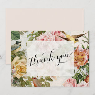 Elegante Vintage Bloem Roze Rozen Script Bedankt