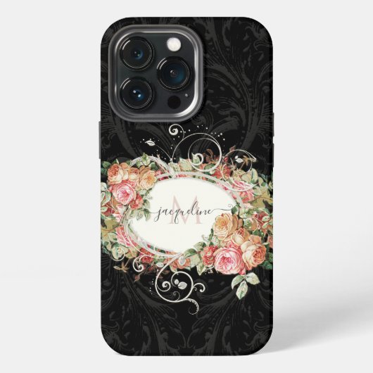 Elegante Vintage Bloem Roze Zwart Script Monogram iPhone Hoesje (Achterkant)