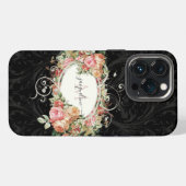 Elegante Vintage Bloem Roze Zwart Script Monogram iPhone Hoesje (Achterkant horizontaal)