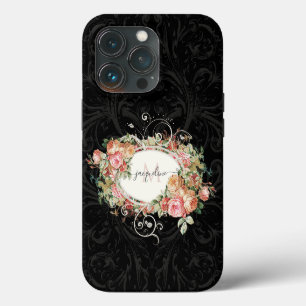 Elegante Vintage Bloem Roze Zwart Script Monogram iPhone 13 Pro Hoesje